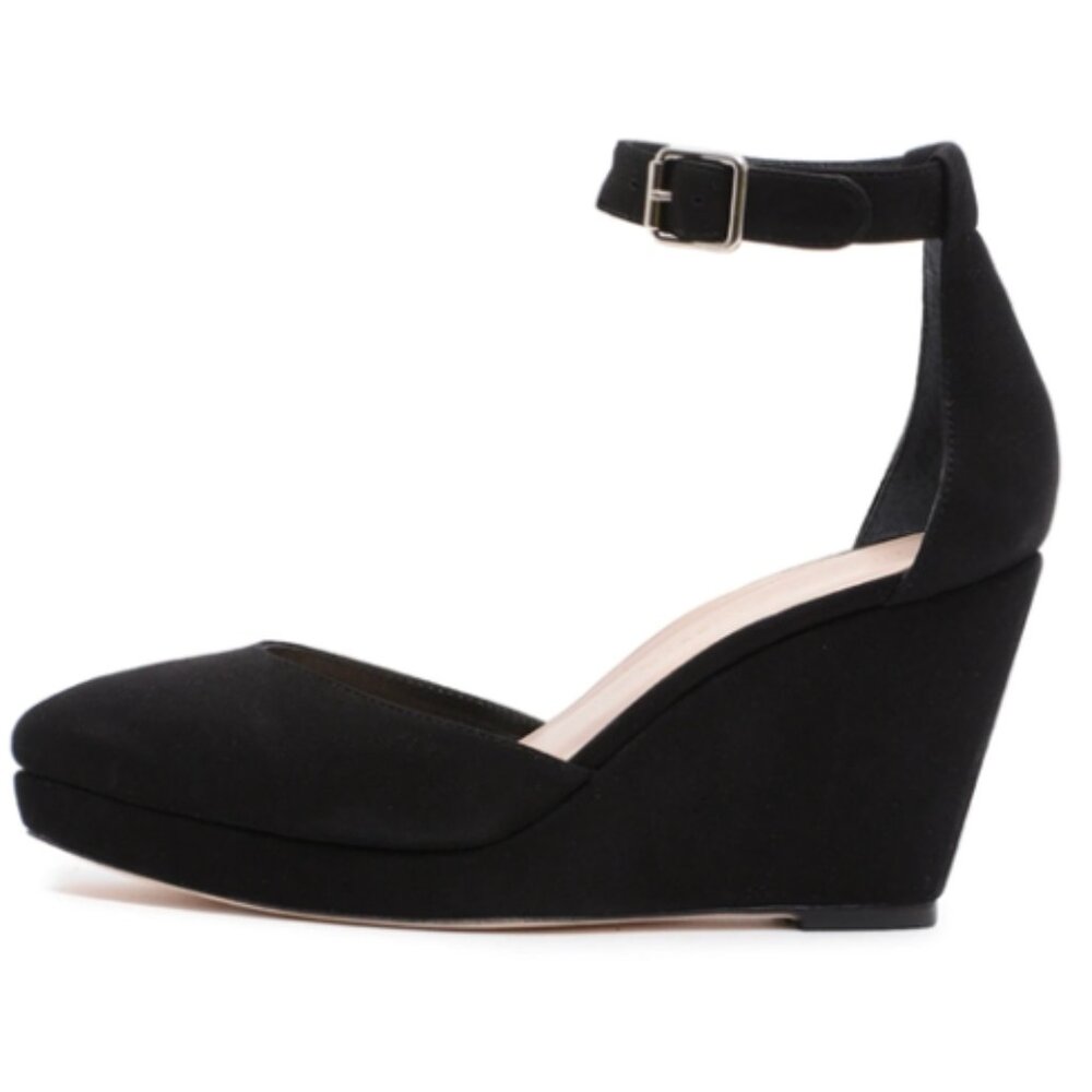 LOEFFLER RANDALL Black Nubuck Jules Wedge Heel Ankle Strap Size 8
